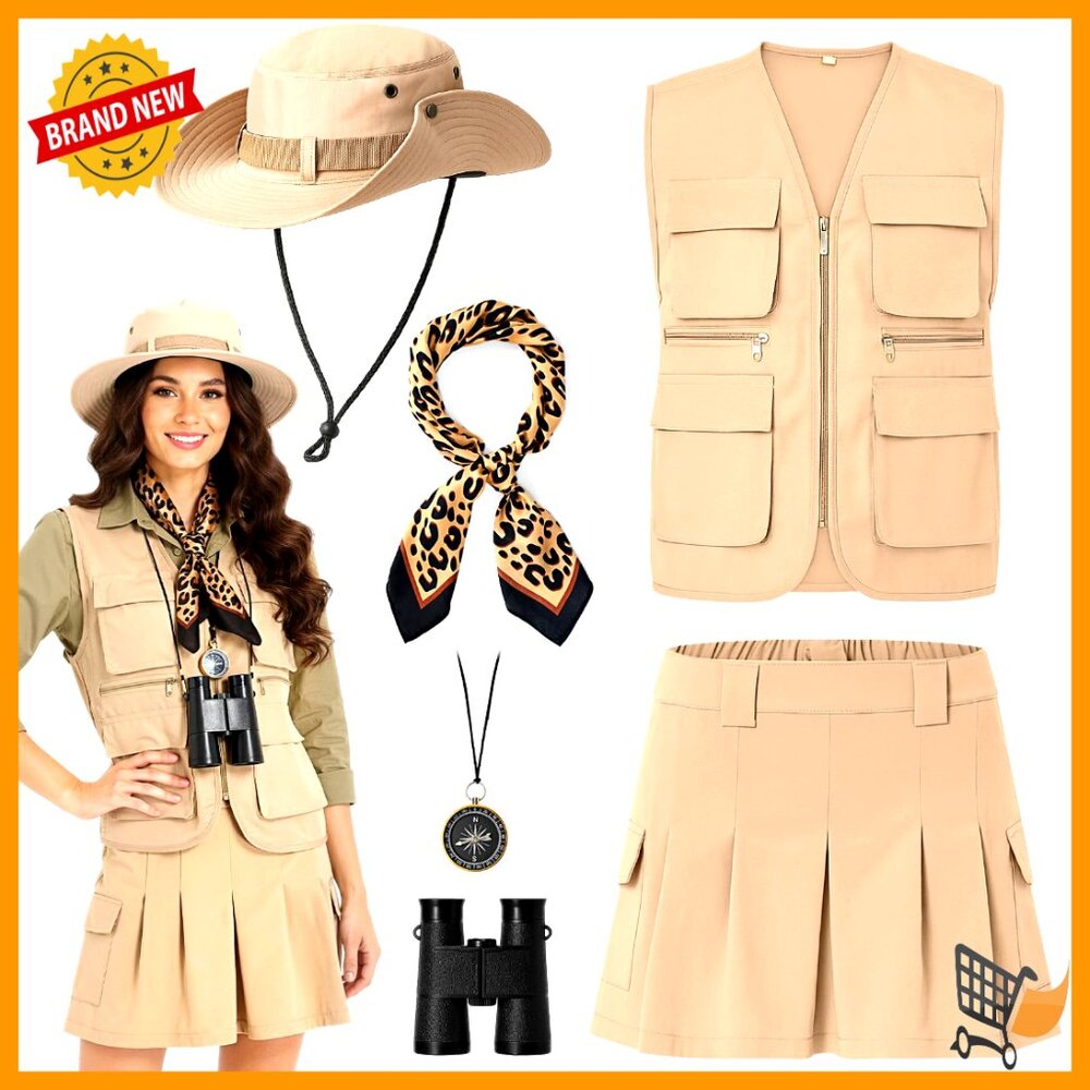Safari Costume Set Hunting Outfit Fishing Vest Skirt Hat Scarf Cosplay